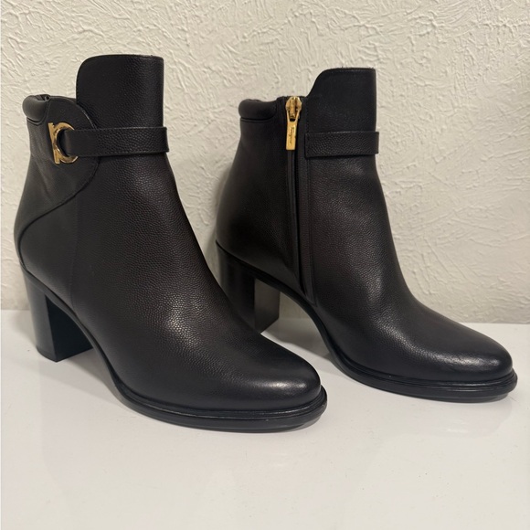 Salvatore Ferragamo Florian Black Ankle Booties with Gold Buckle, Size 5 - Picture 1 of 9